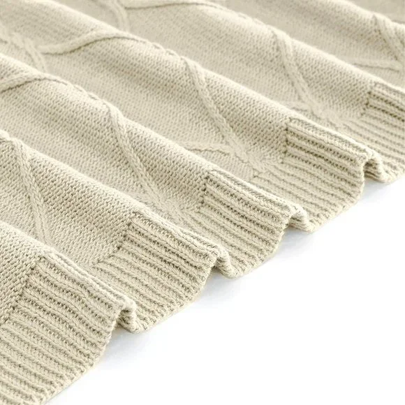 Luxury Cotton Knitted Cable Throw Blanket Cream - Picture 2 of 7